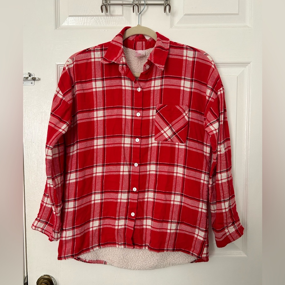 No Boundaries Red and White Plaid Sherpa-Lined Button Front Shirt